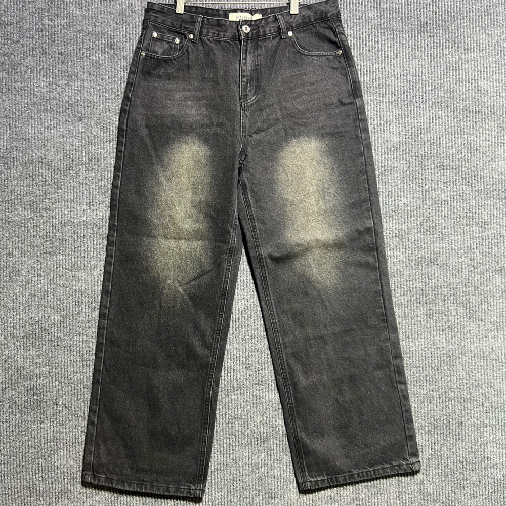 RealTakai Wide Leg Jeans Mens XL Black Sand Washed Streetwear Baggy Denim Pants
